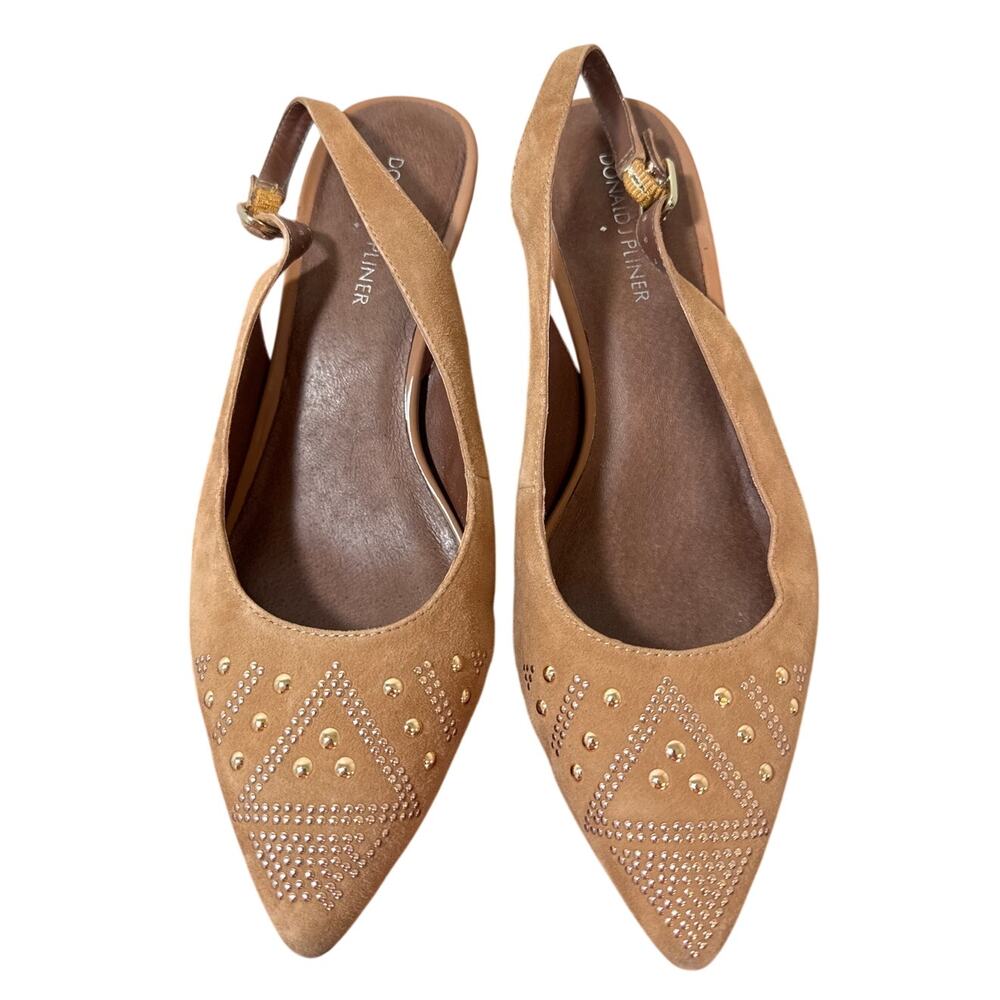 Donald Pliner 9M Tan Leather Sling Back Heels Gold Bling Toes Missing Few Studs